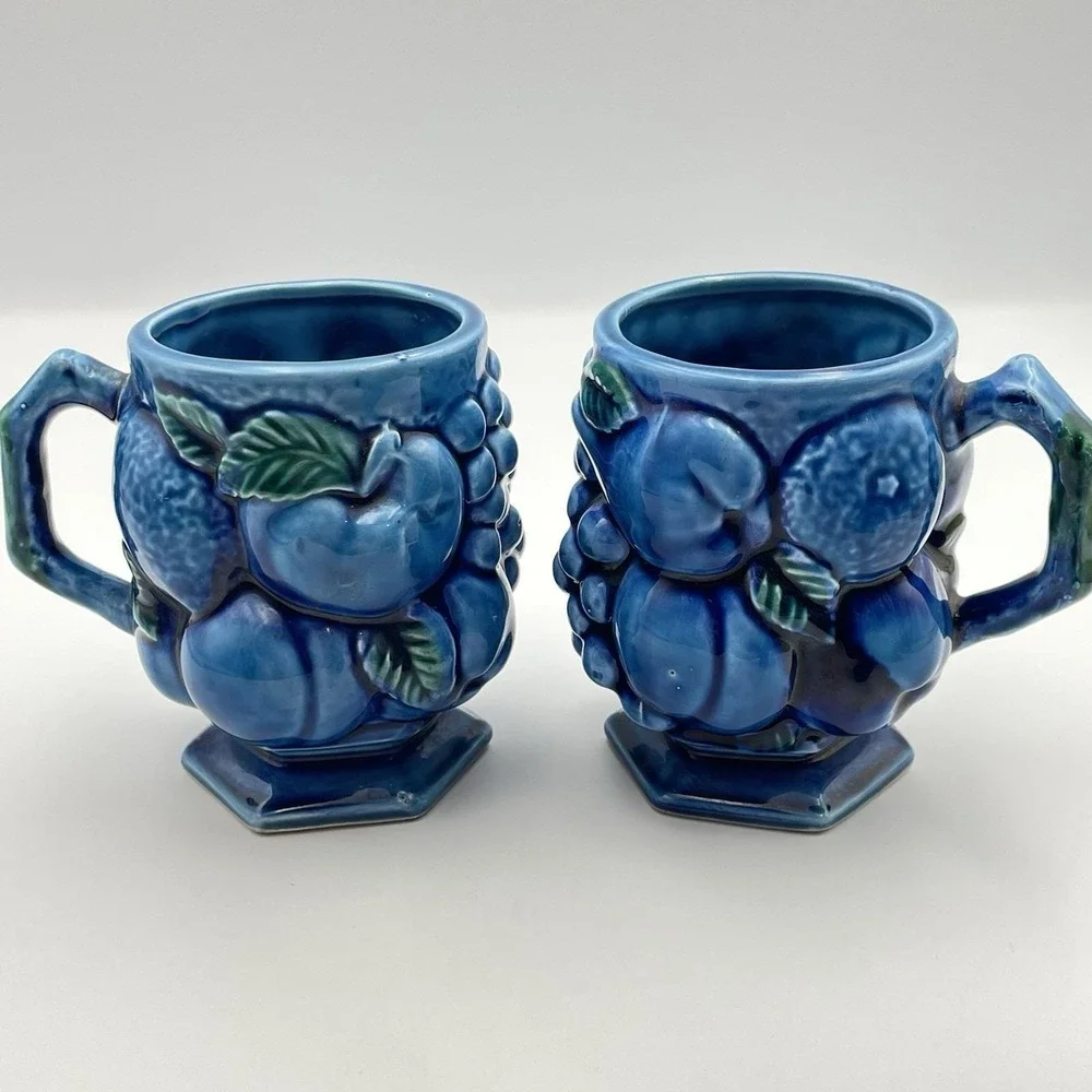 Inarco Japan Blue Fruit Pitcher & 2 Mugs Set E2431 / E2429 Vintage Ceramic 1960s